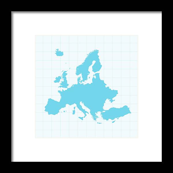 Continent Framed Print featuring the digital art Europe Map On Grid On Blue Background by Iconeer