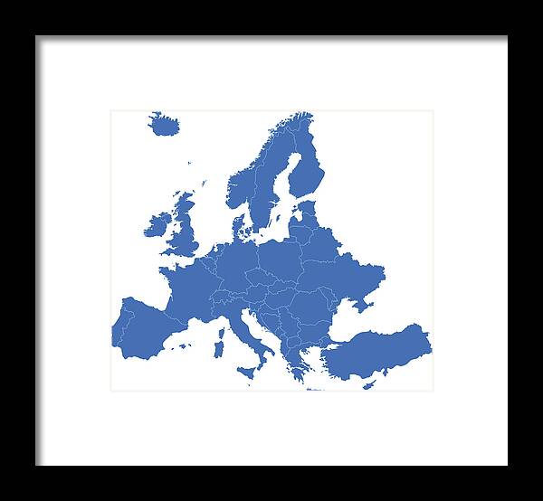 Coordination Framed Print featuring the drawing Europe simple blue map on white background by Iconeer