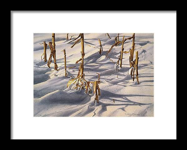 Snow Framed Print featuring the painting Evening-Corn-Stalks by Conrad Mieschke