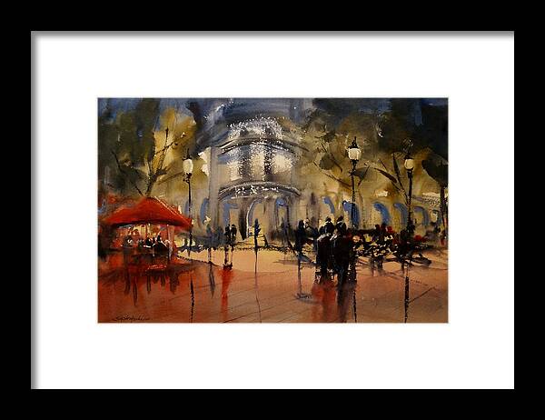 Barcelona Framed Print featuring the painting Evening in Barcelona by Sandra Strohschein