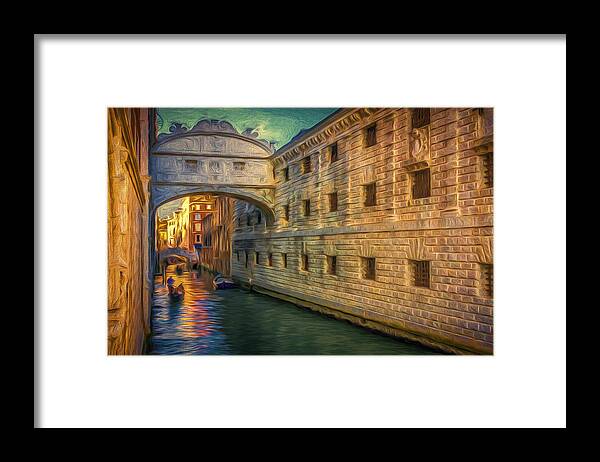 Architecture Framed Print featuring the photograph Painted effect - Evening Sun on the canal by Sue Leonard