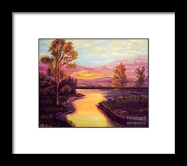 Gulf Of Mexico Purple And Gold Sunset Golden Lake Or Stream Backlit Trees With The Setting Sun Blue Sky With Light Clouds Landscape Paintings Nature Paintings Acrylic Paintings Framed Print featuring the painting Evening Sun Sets Over a Lake Somewhere Off the Gulf of Mexico by Kimberlee Baxter