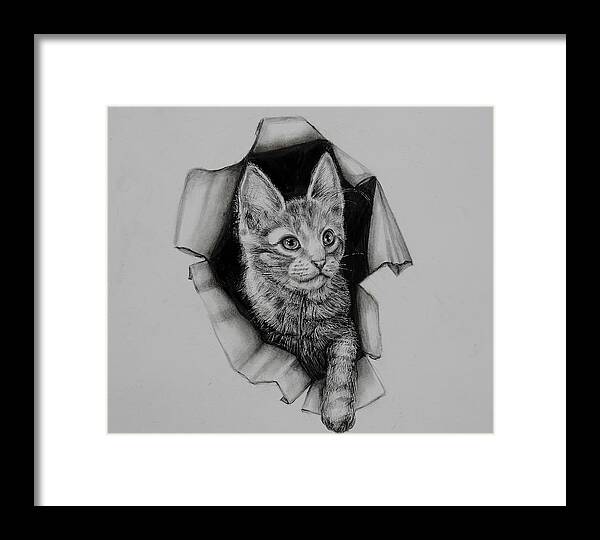 Kitten Framed Print featuring the drawing Exploring by Jean Cormier