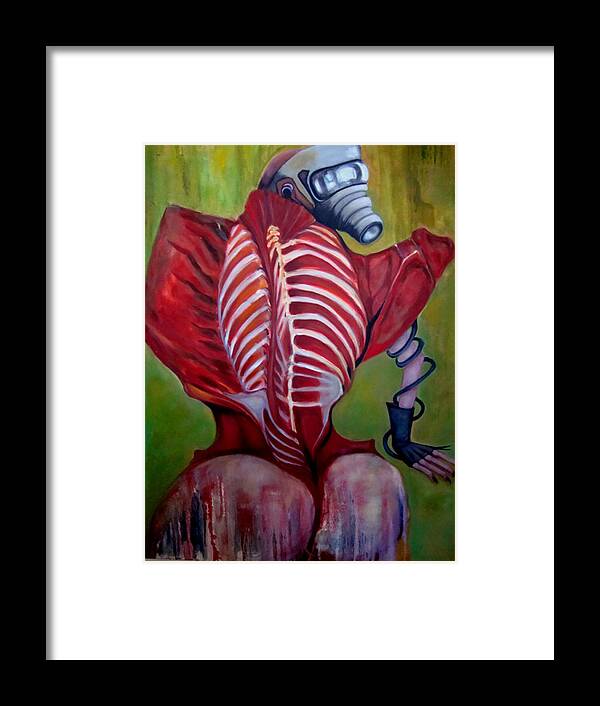 Creature With Gas Mask Gloved Hand Flayed Back Framed Print featuring the painting Extinct Species I by Irena Mohr