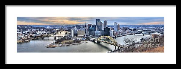 Pittsburgh Skyline Framed Print featuring the photograph Extra Wide Cloudy Pittsburgh Skyline Panorama by Adam Jewell