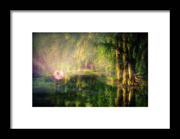 Fairy Framed Print featuring the digital art Fairy in Pink bubble in Serenity Forest by Lilia D