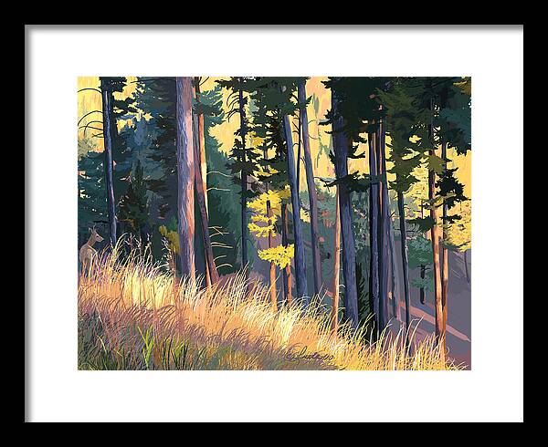 Odocoileus Columbianus Framed Print featuring the painting Fall Alpenglow Trees Grasses by Pam Little