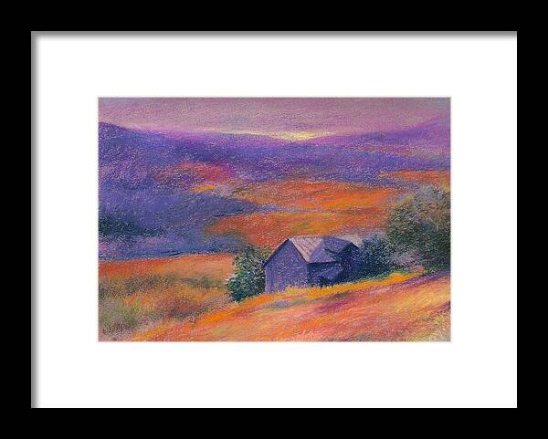 Fall Framed Print featuring the painting Fall barn pastel landscape by Judith Cheng