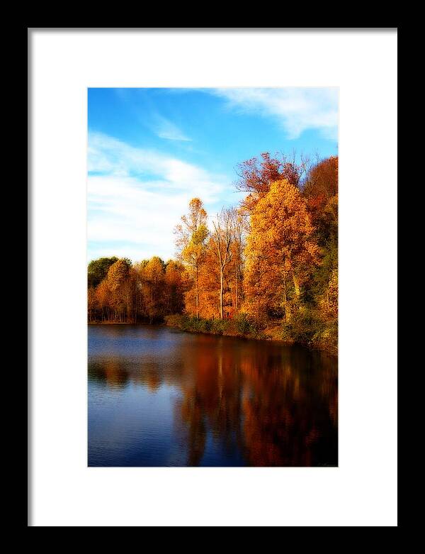 Autumn Framed Print featuring the photograph Fall Scene at Hedden Pond with Orton effect by Eleanor Abramson