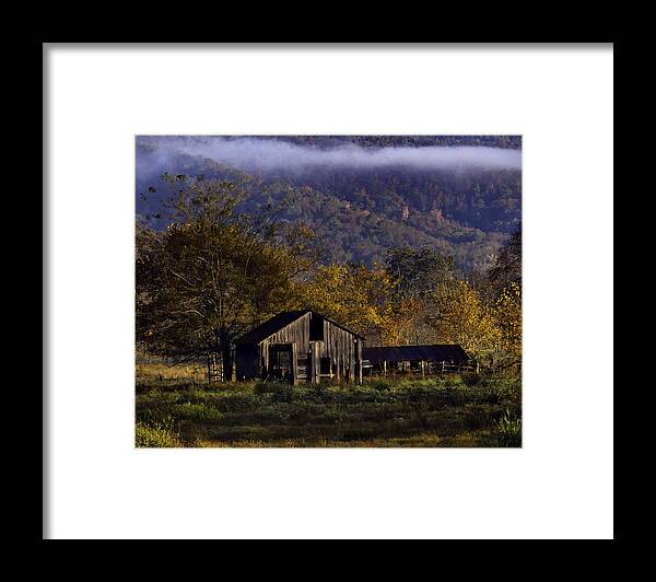 Old Barn Framed Print featuring the photograph Fall Sunrise Old Barn at 21/43 Intersection by Michael Dougherty