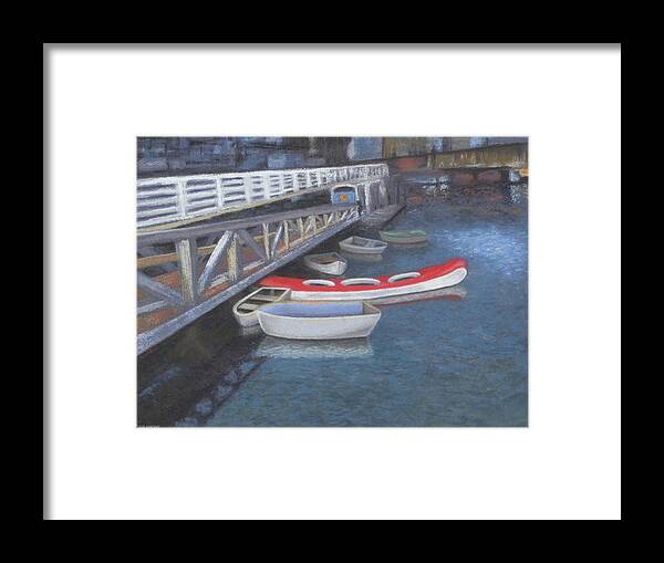 Vancouver Canada False Creek Ferry Landing Boats Water Canoe Pacific Kayak Red British Columbia Landscape Seascape Framed Print featuring the pastel False Creek Ferry Landing by Brenda Salamone