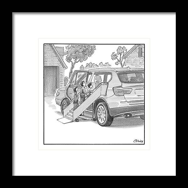 Captionless Framed Print featuring the drawing Family Entering Their Suv With The Aid Of A Large by Harry Bliss