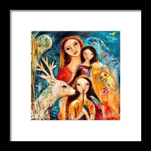 Mother And Child Framed Print featuring the painting Family with Reindeer by Shijun Munns