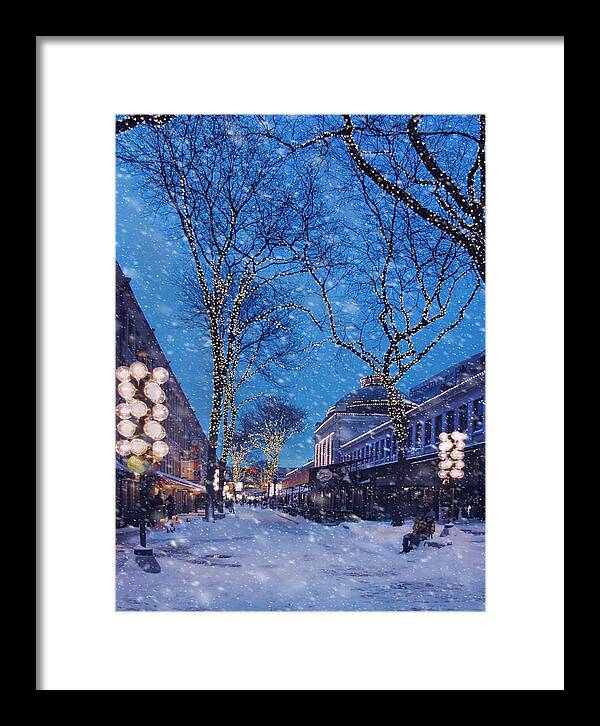 Quincy Market Framed Print featuring the photograph Faneuil Hall Winter Snow - Boston by Joann Vitali