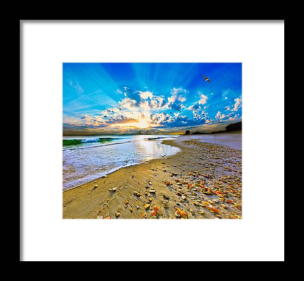 Beach Framed Print featuring the photograph Fantasy Art-Birds Flying into Sunset Over Shell Covered Beach by Eszra