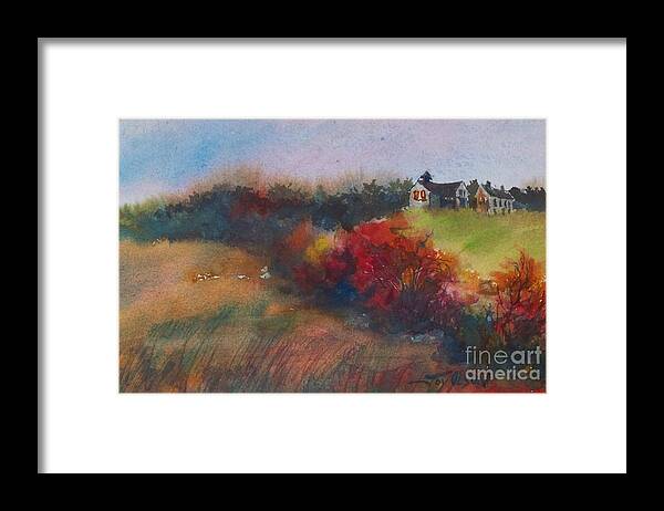 Rural Framed Print featuring the painting Farm on the hill at sunset by Joy Nichols