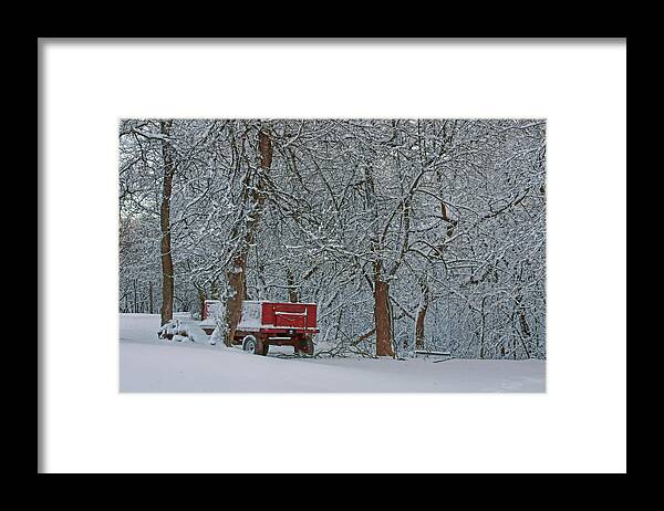 Red Wagon Framed Print featuring the photograph Farm Wagon in Winter by Nikolyn McDonald