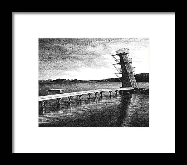 Diving Board Framed Print featuring the drawing Farsund Badehuset in Ink by Janet King