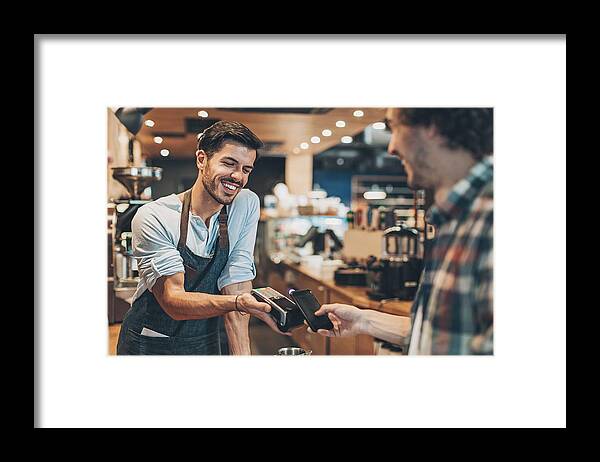 Bulgaria Framed Print featuring the photograph Fast and easy payment in the coffee shop by Pixelfit