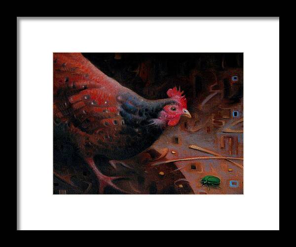 Chickens Framed Print featuring the painting Faster than a Chicken on a June Bug by T S Carson