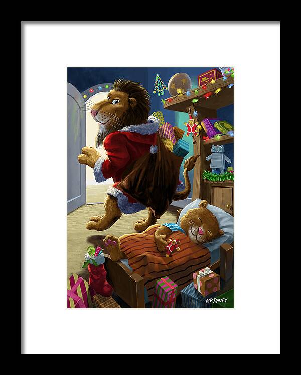 Christmas Framed Print featuring the digital art Father Christmas lion delivering presents by Martin Davey