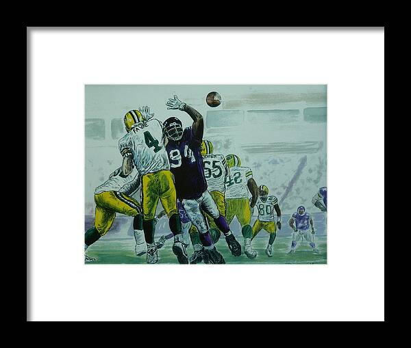 Packers Framed Print featuring the painting Favre vs the Vikes by Dan Wagner