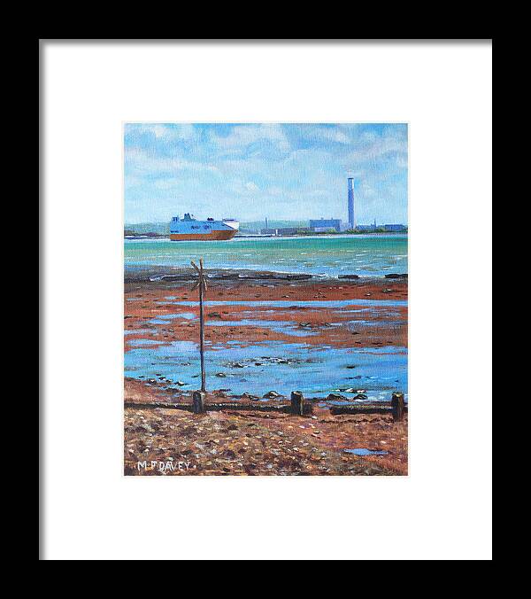 Seashore Framed Print featuring the painting Fawley power station from Weston Shore Hampshire by Martin Davey