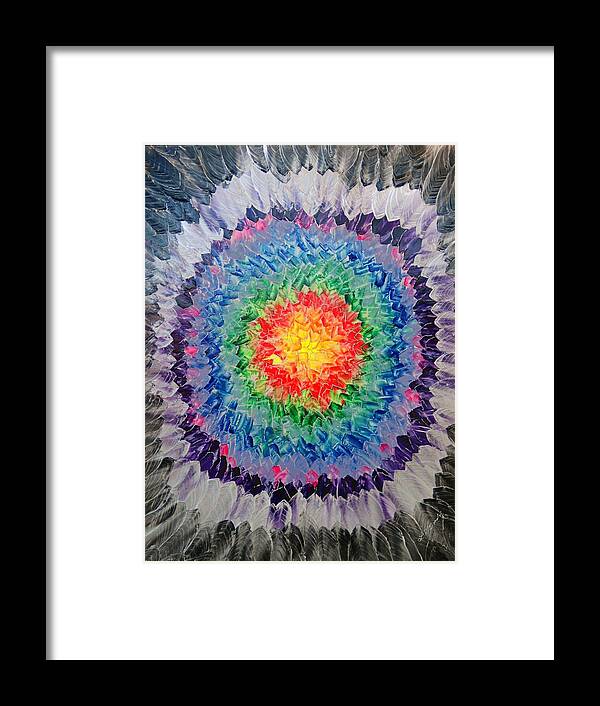 Indian Headdress Kaleidoscope Target Circle Of Color Framed Print featuring the painting Feather Kaleidoscope by Lynda McDonald