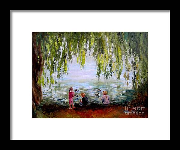 Oil Painting Framed Print featuring the painting Feeding Ducks at Fort Dent Park by Wendy Ray