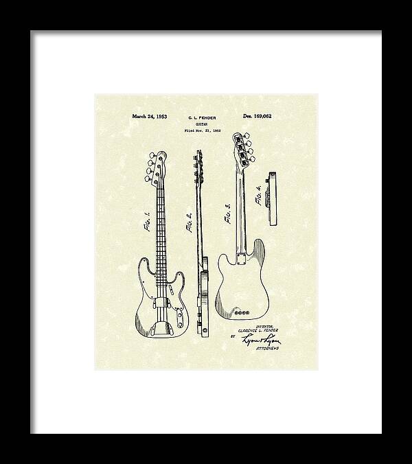 Fender Framed Print featuring the drawing Fender Bass Guitar 1953 Patent Art by Prior Art Design