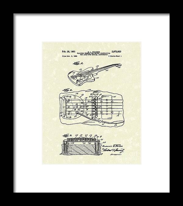 Fender Framed Print featuring the drawing Fender Floating Tremolo 1961 Patent Art by Prior Art Design