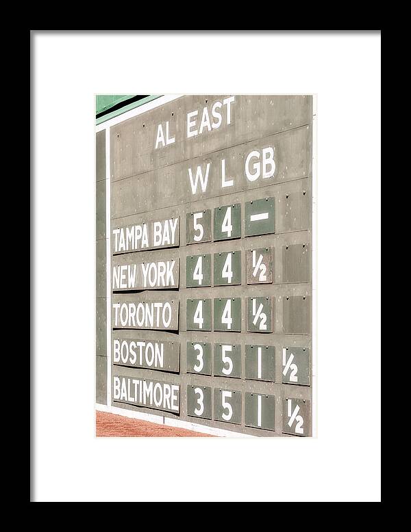 Green Monster Framed Print featuring the photograph Fenway Park AL East Scoreboard Standings by Susan Candelario