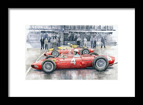 Watercolor Framed Print featuring the painting Ferrari 156 Sharknose 1961 Belgian GP by Yuriy Shevchuk