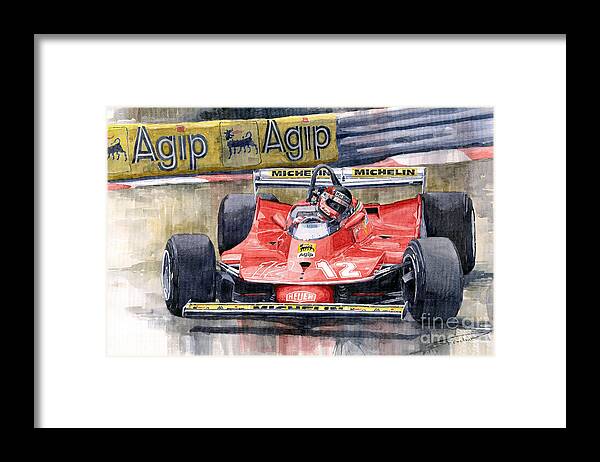 Shevchukart Framed Print featuring the painting Ferrari 312T4 Gilles Villeneuve Monaco GP 1979 by Yuriy Shevchuk