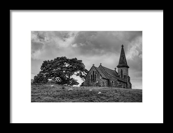 Black & White Framed Print featuring the photograph Fewston Church and Sheep by Dennis Dame