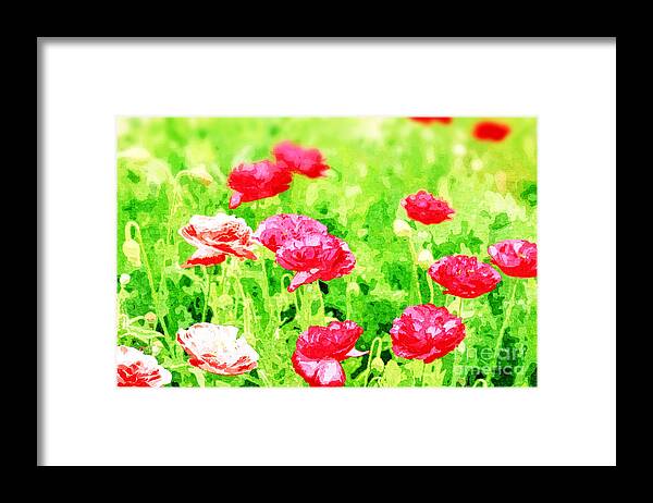 Poppy Framed Print featuring the mixed media Field of Painterly Red and Orange Poppies by Beverly Claire Kaiya
