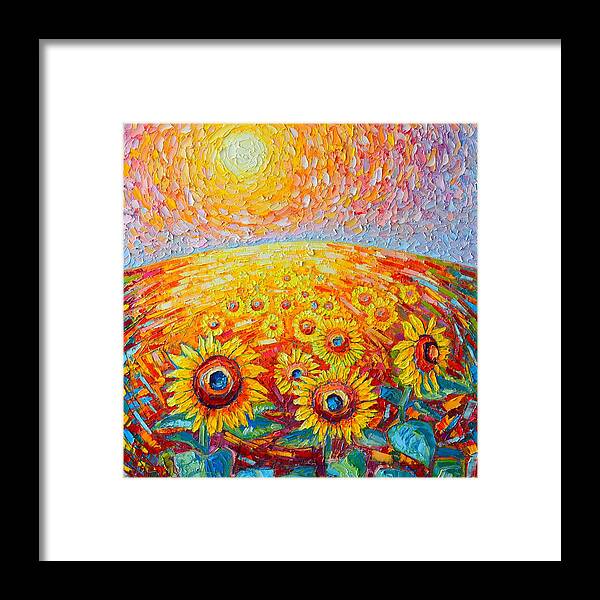 Sunflower Framed Print featuring the painting Fields Of Gold - Abstract Landscape With Sunflowers In Sunrise by Ana Maria Edulescu