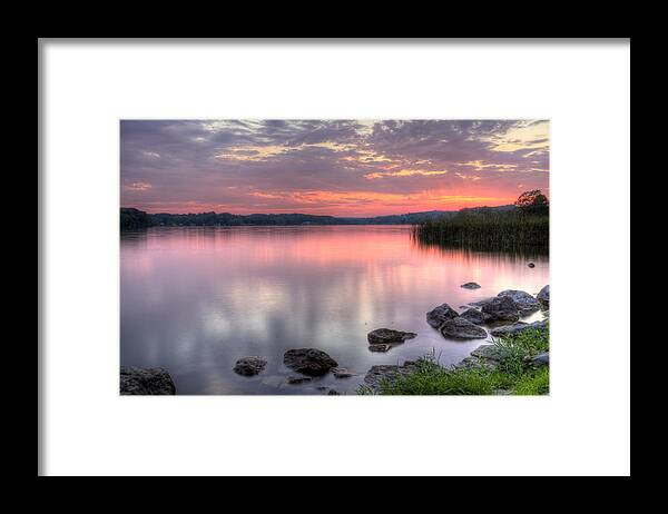 Fiery Framed Print featuring the photograph Fiery Lake Sunset by David Dufresne