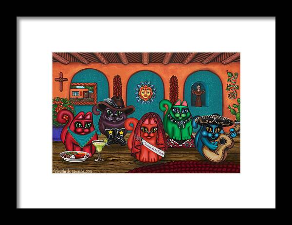 Folk Art Framed Print featuring the painting Fiesta Cats II by Victoria De Almeida