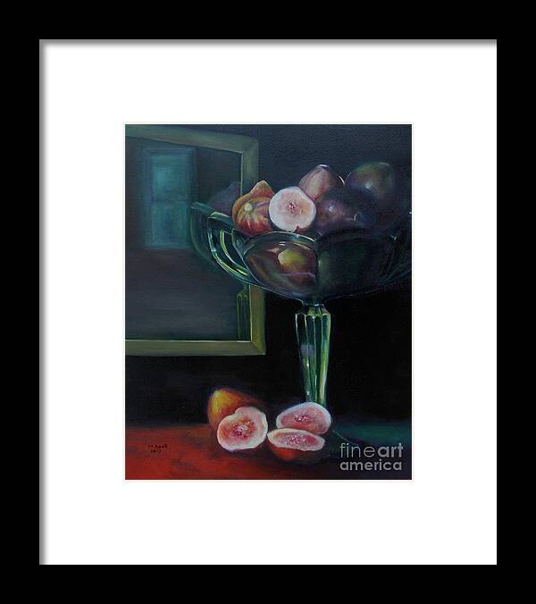 Figs Framed Print featuring the painting Figs in Green Glass Dish by Marlene Book
