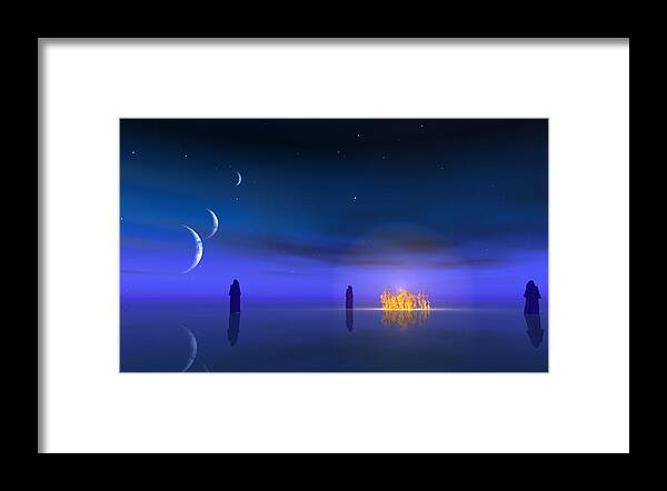Fire Framed Print featuring the digital art Figures approach fire in the night on other world by Bruce Rolff