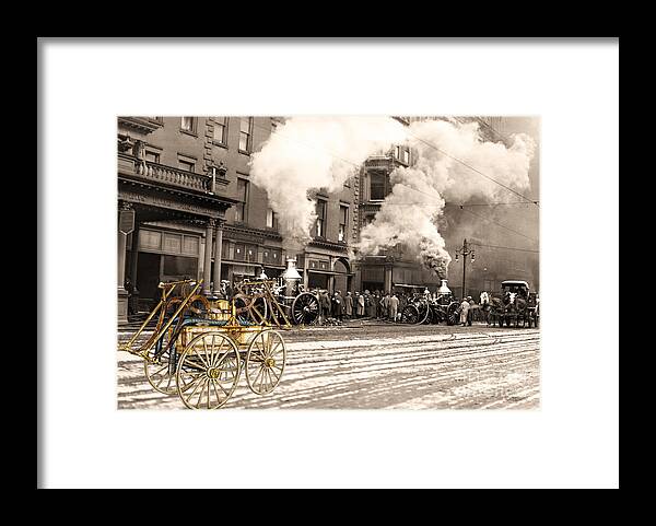 1890 Framed Print featuring the photograph Fire Truck in New York 1890 collage by Vincent Monozlay