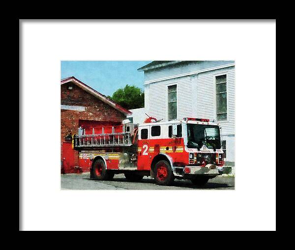 Firefighters Framed Print featuring the photograph Fireman - Fire Engine in Front of Fire Station by Susan Savad