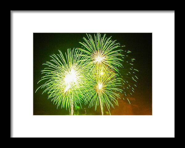 4th Of July Fireworks Framed Print featuring the photograph Fireworks Green and White by Robert Hebert