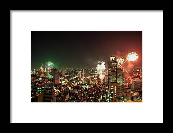 Southeast Asia Framed Print featuring the photograph Fireworks In Bangkok Cityscape by Fototrav
