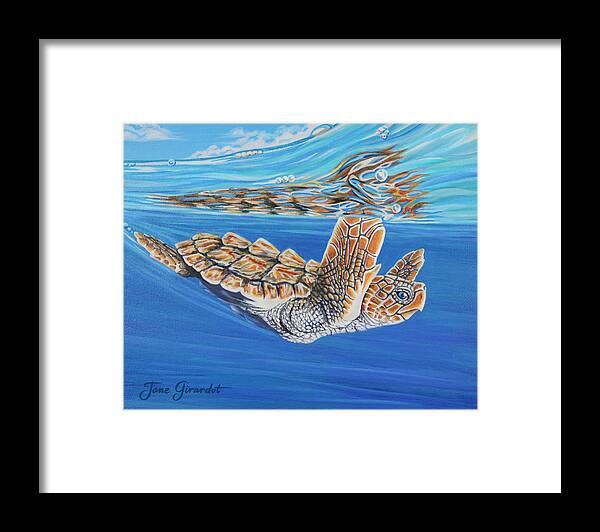 Ocean Framed Print featuring the painting First Dive by Jane Girardot