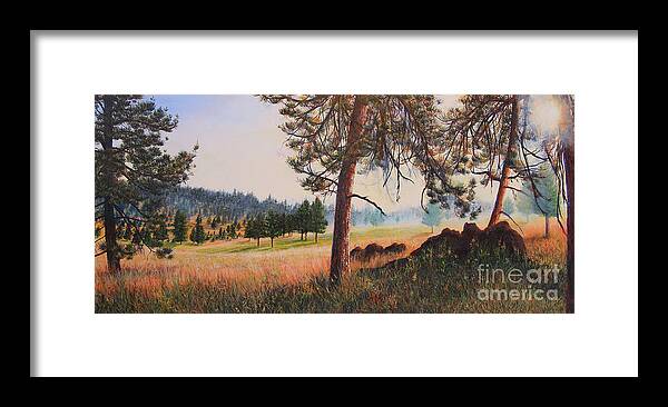 Landscape Framed Print featuring the painting First Nation Meadow by Jeanette French