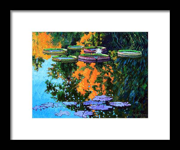 Garden Pond Framed Print featuring the painting First Signs of Fall by John Lautermilch