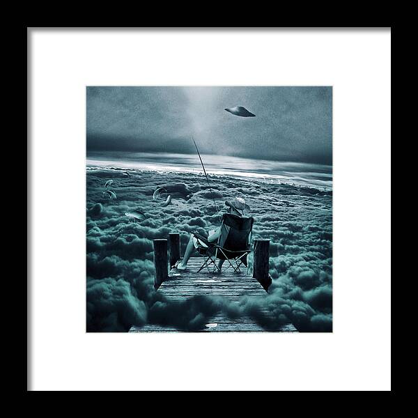 Marian Voicu Framed Print featuring the digital art Fishing Above the Clouds by Marian Voicu