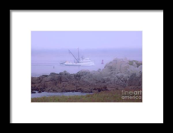 Fishing Boat Along Monterey Bay Coastline On A Calm Foggy Misty Morning Fine Art Photography Photograph Print Framed Print featuring the photograph Fishing Boat Along Monterey Bay Coastline On A Calm Foggy Misty Morning by Jerry Cowart